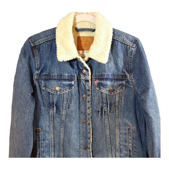Levi's Original Sherpa Fleece Denim Trucker Jacket Classic Retro 70s Women's L - Picture 2 of 5